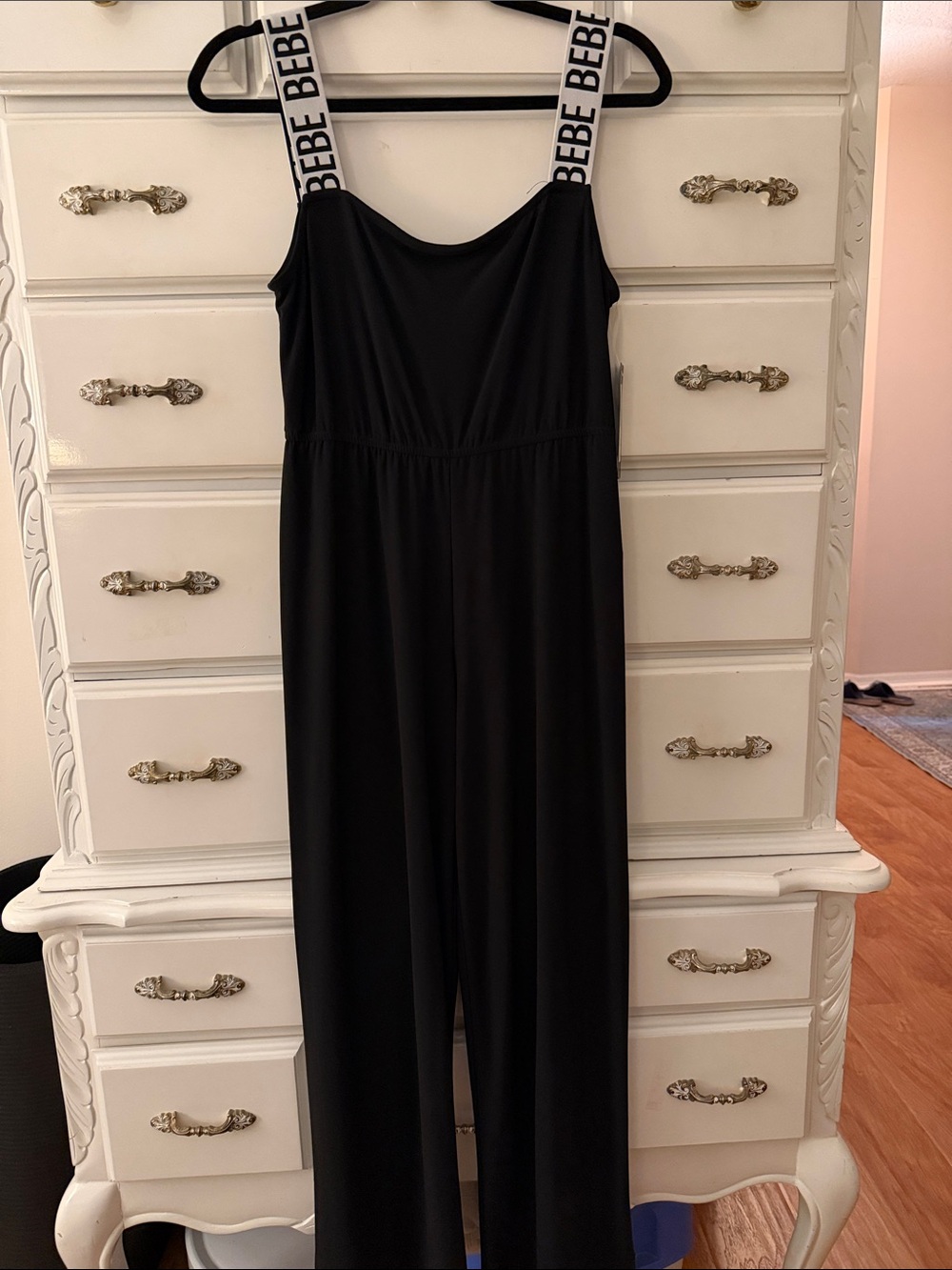 Bebe Black Wide Leg Logo Strap Black Jumpsuit